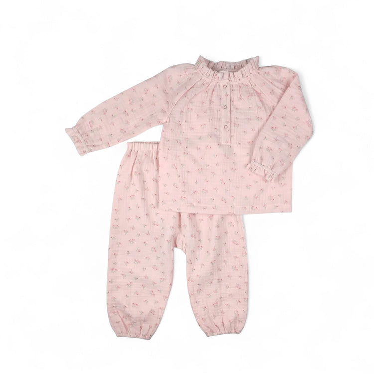 Sparkle Floral Print Gauze Playset organic cotton baby girl outfit with floral long sleeve top and matching pants