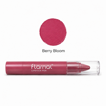 Flarnal lipstick pen with a clear cap, shown below a circular color swatch labeled 'Berry Bloom' on a white background.