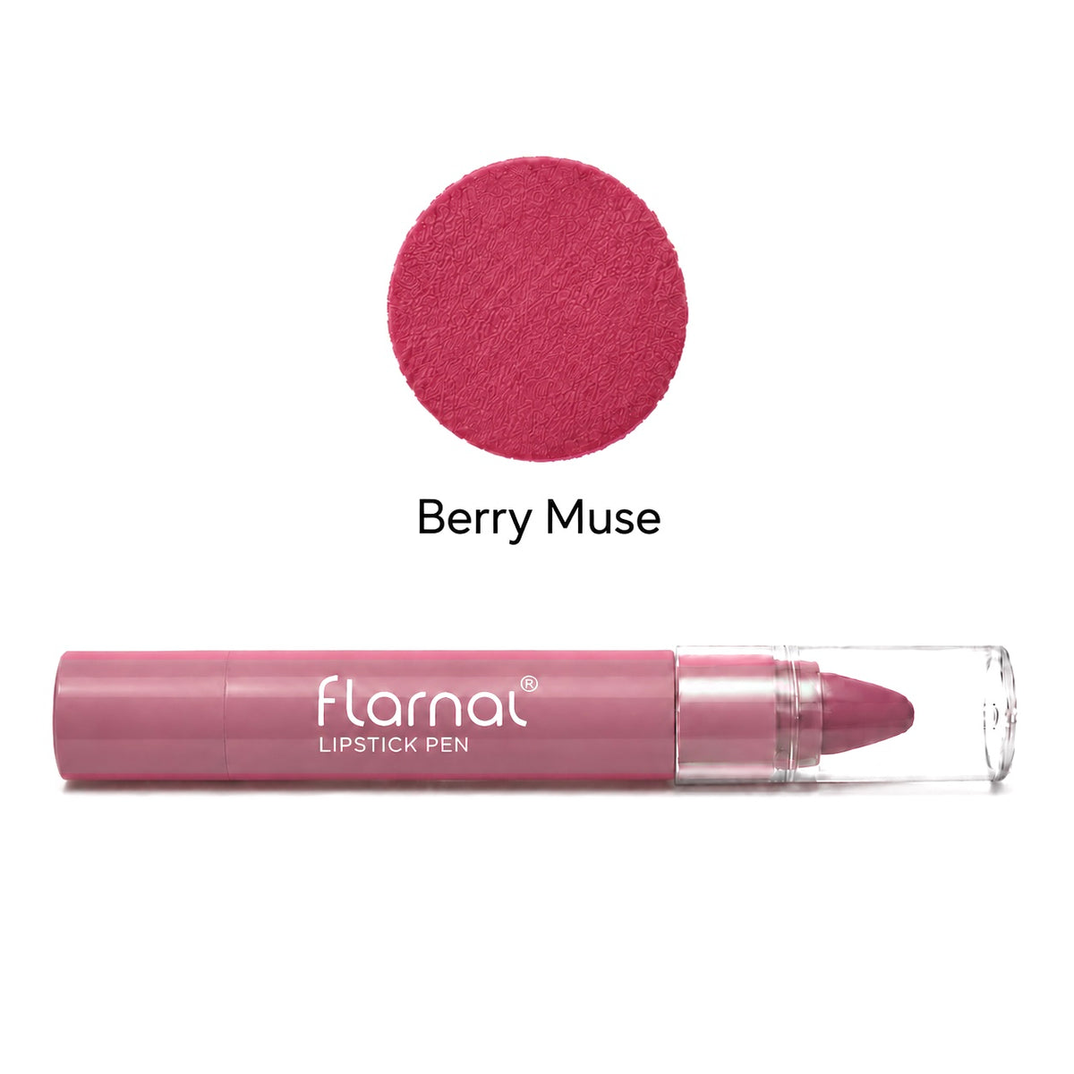 Flarnal Lipstick Pen in the shade Berry Muse, shown horizontally with its clear cap off, displayed below a circular color swatch of the berry pink shade on a white background.