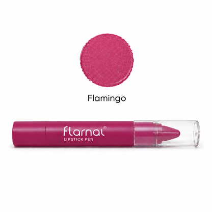 Flarnal lipstick pen with a clear cap, shown below a circular color swatch labeled 'Flamingo' on a white background.
