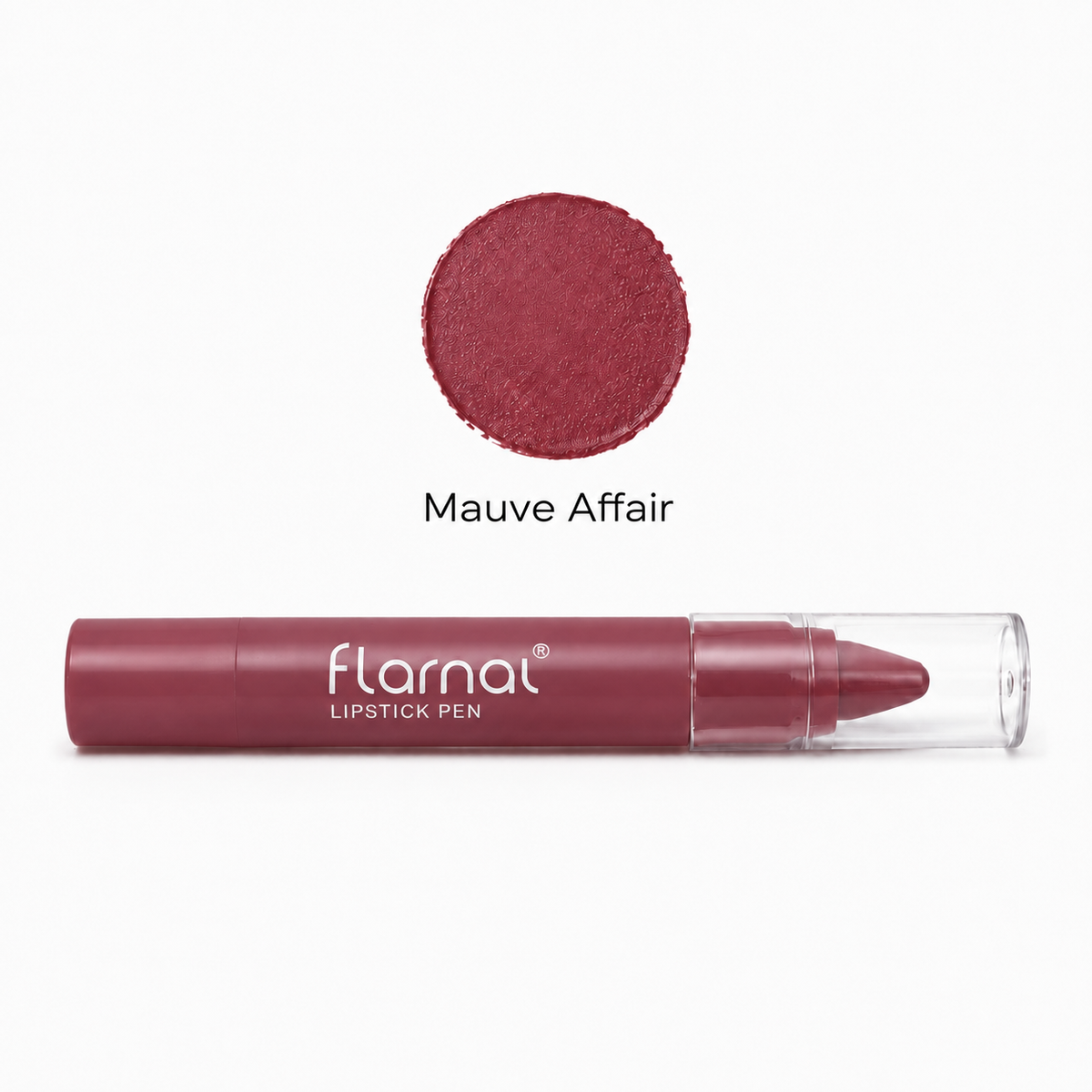 Flarnal lipstick pen with a clear cap, shown below a circular color swatch labeled 'Mauve Affair' on a white background.