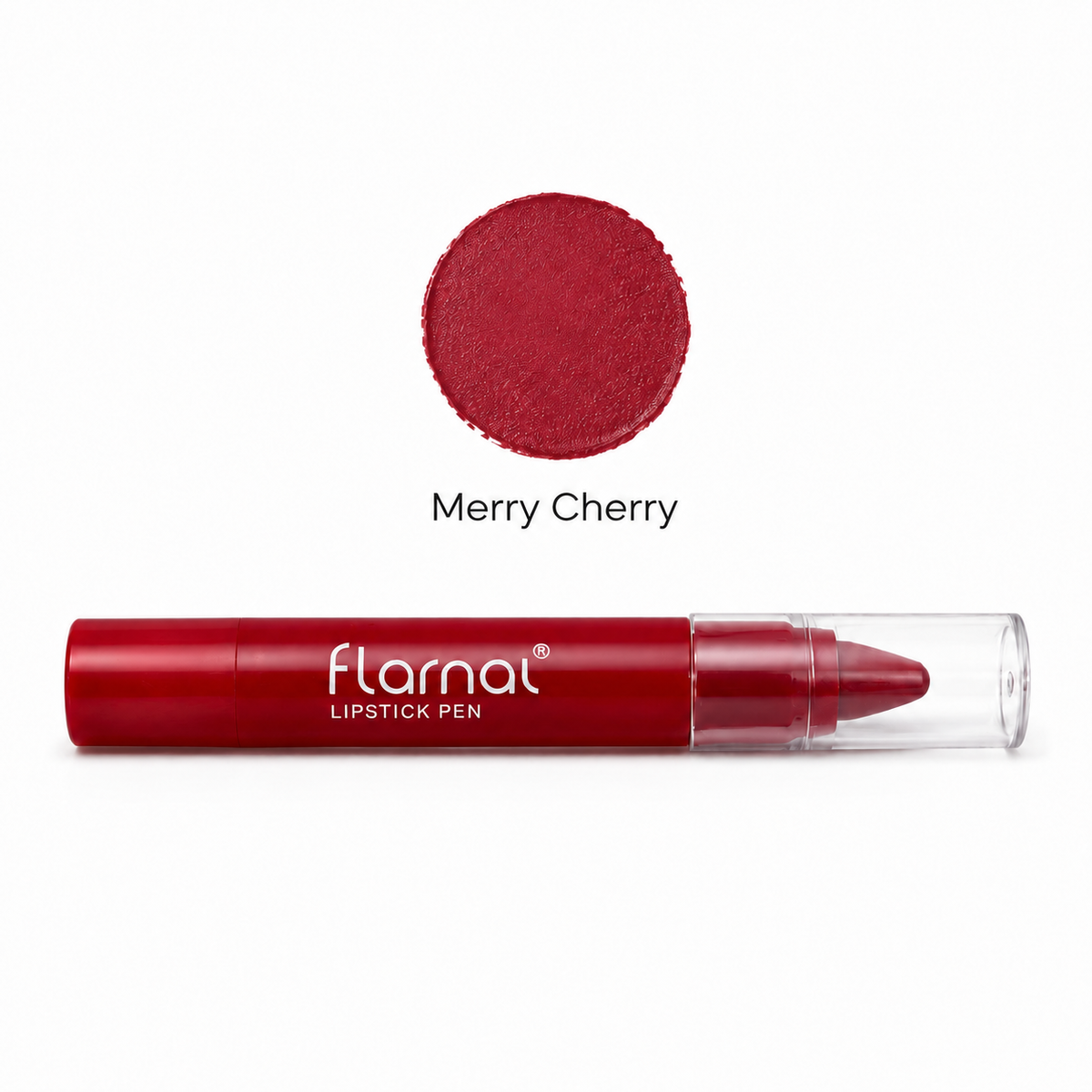 Flarnal lipstick pen with a clear cap, shown below a circular red product swatch labeled 'Merry Cherry' on a white background.