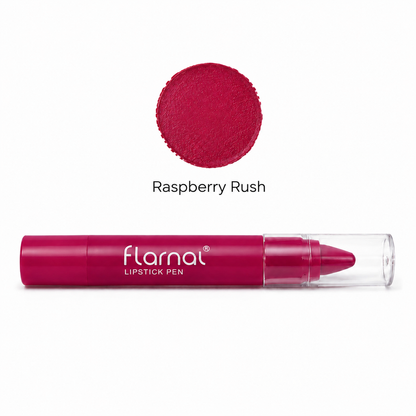 Flarnal lipstick pen with a clear cap, shown below a circular color swatch labeled 'Raspberry Rush' on a white background.