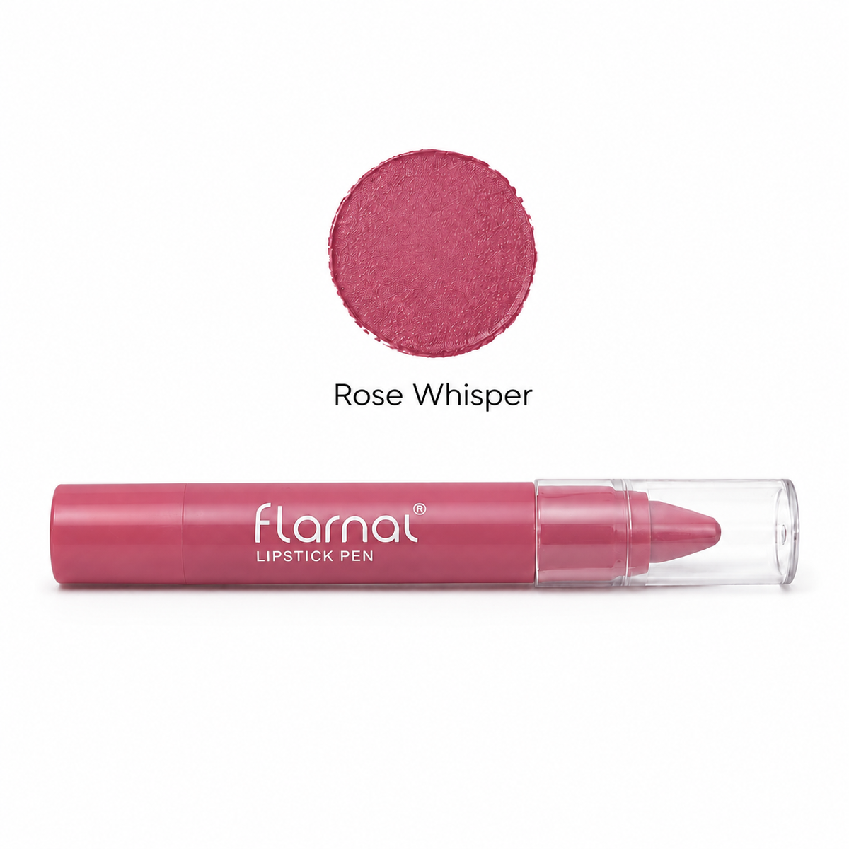 Flarnal lipstick pen with a clear cap, shown below a circular color swatch labeled 'Rose Whisper' on a white background.