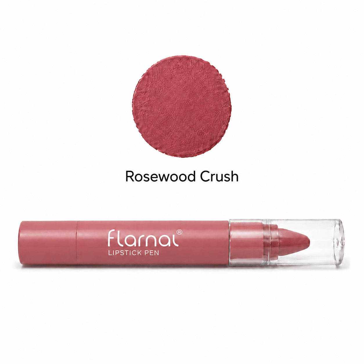 Flarnal lipstick pen in a dusty rose shade with its clear cap removed, displayed below a circular color swatch labeled 'Rosewood Crush' on a white background.