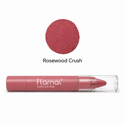 Flarnal lipstick pen in a dusty rose shade with its clear cap removed, displayed below a circular color swatch labeled 'Rosewood Crush' on a white background.